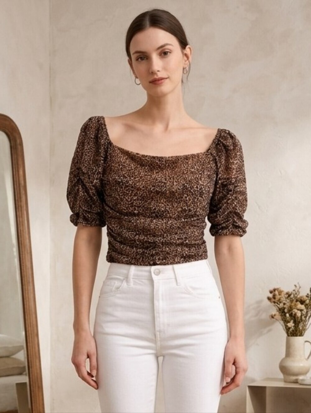 Anthropologie Women's Contemporary Leopard Ruched Cropped Mesh Blouse Size Small
